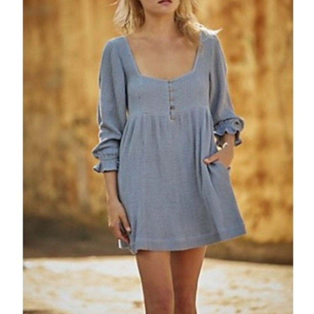Free People Knit Mini Babydoll Dress Square Neck Blue Size Medium Coastal Boho